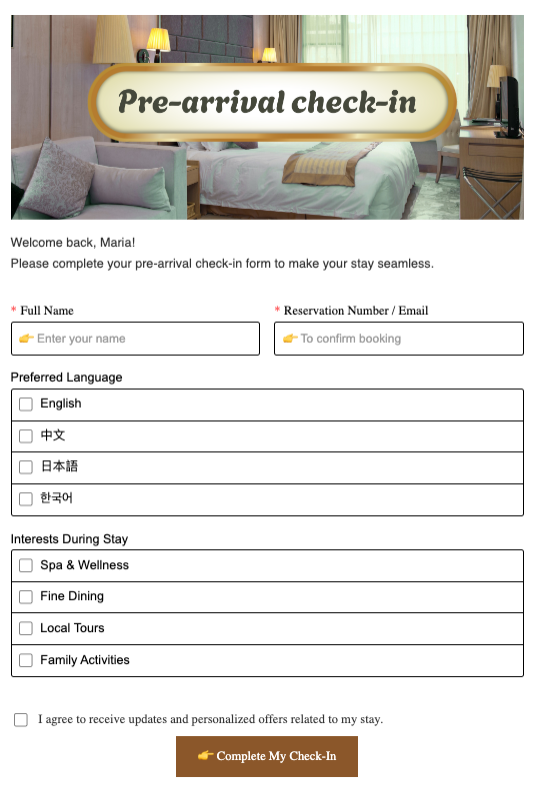 Hotel pre-arrival check-in form; fields: full name, reservation/email; languages: English/中文/日本語/한국어; interests: Spa, Dining, Tours, Family; consent box; “Complete My Check-In” button.